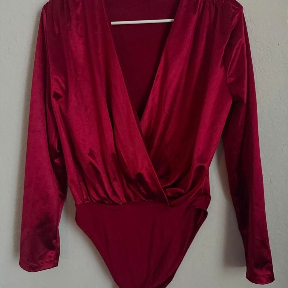 SHEIN Burgundy Long-Sleeve Satin Bodysuit Size L